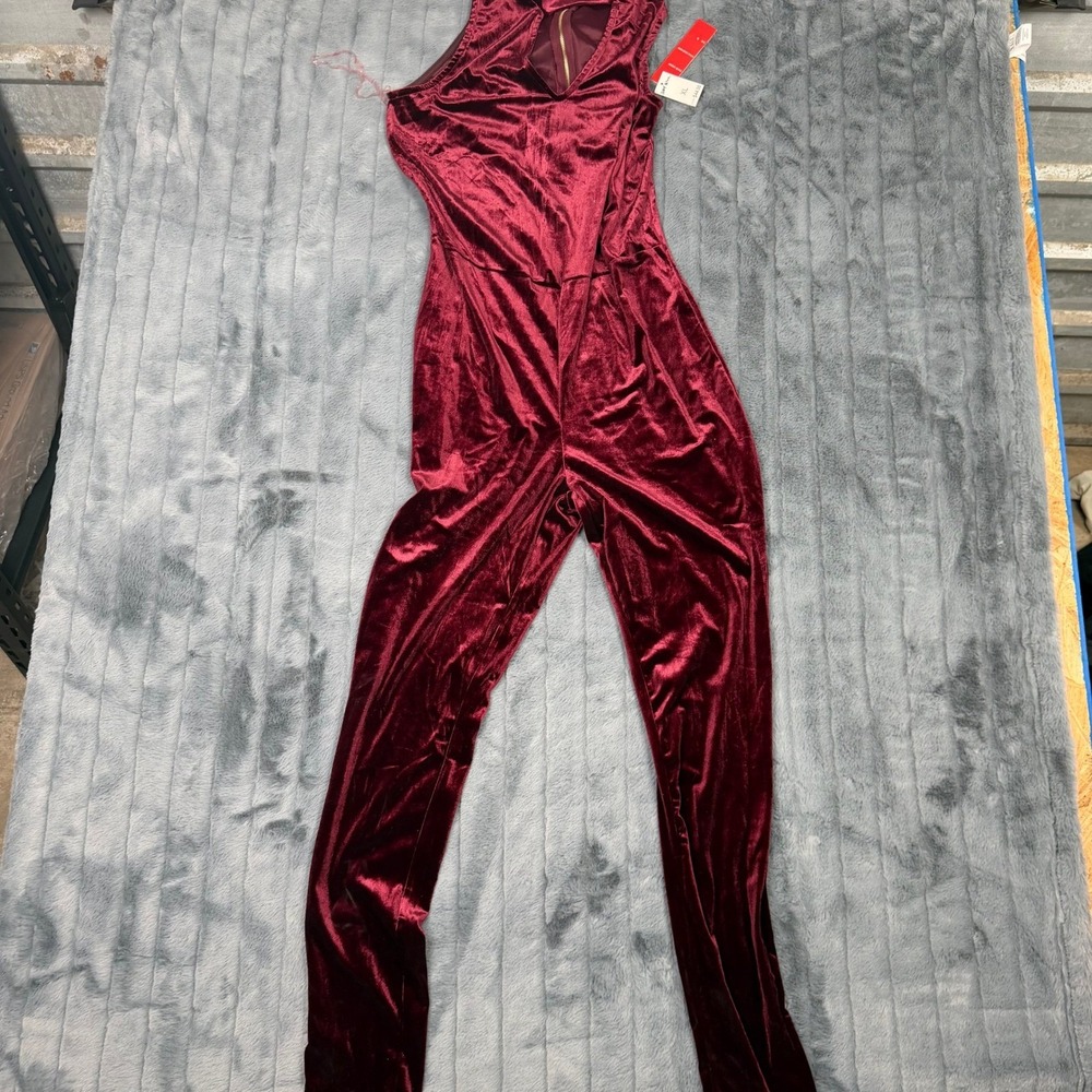 Hot Kiss Womens Velvet Jumpsuit Burgundy Mock Neck Cutout ESVU3014BURN XL NWT